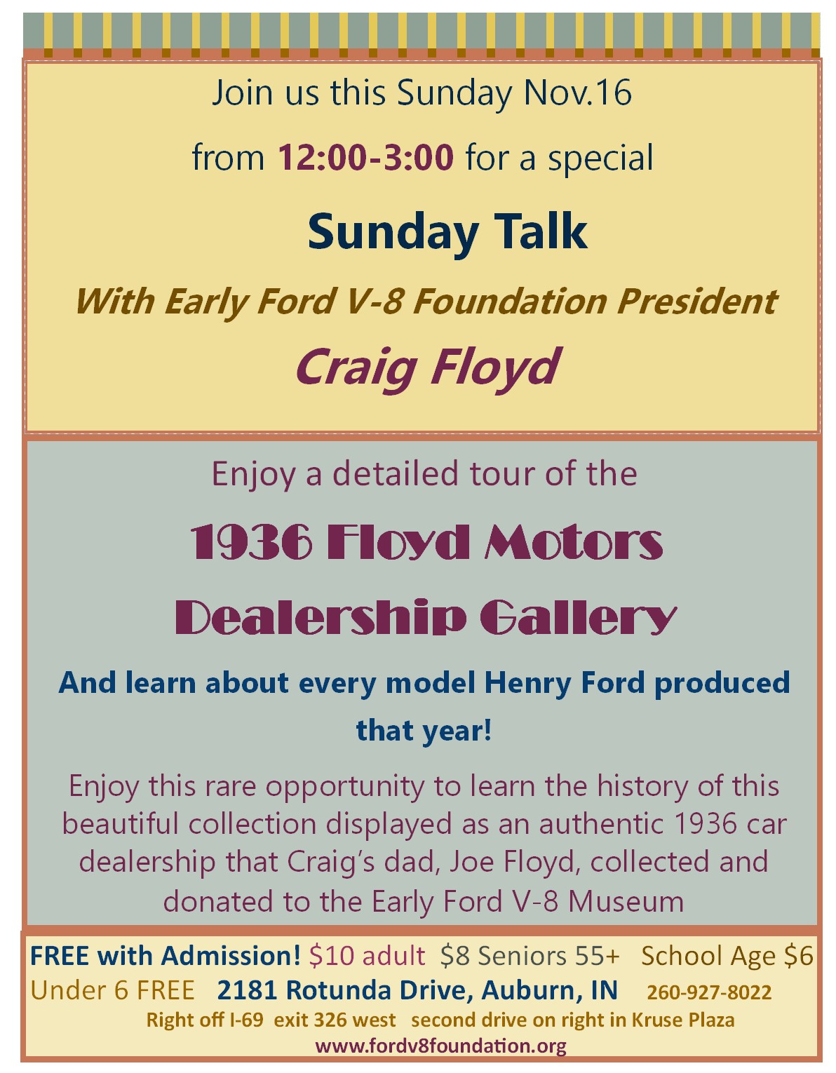 This Sunday! Nov. 16  Sunday Talk with Craig Floyd - In-depth Tour of the 1936 replica Car Dealership, Floyd Motors